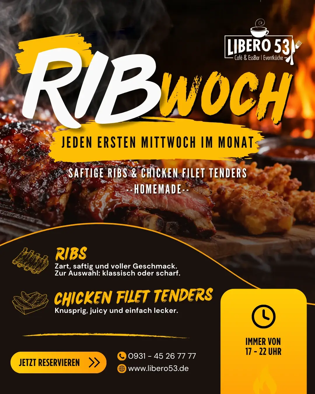 Werbeflyer für den Ribwoch im Libero53: saftige Ribs und knusprige Chicken Filet Tenders, jeden ersten Mittwoch im Monat von 17 bis 22 Uhr